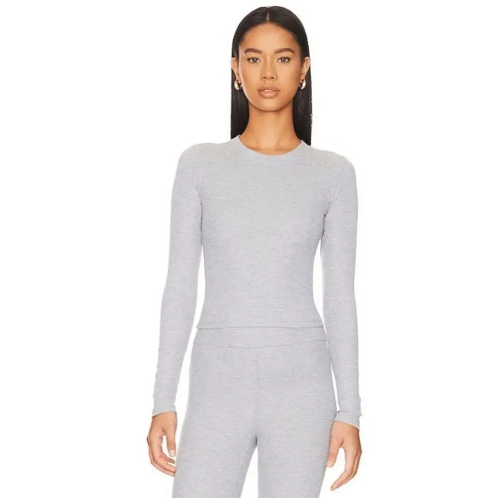 NWT WeWoreWhat Fitted Crew Neck Long Sleeve Top Women's M Black Waffle Knit